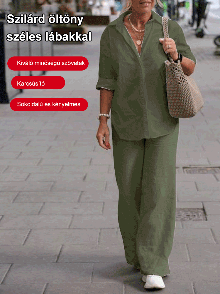 Women's Collared Long Sleeve Shirt & Wide-Leg Pants Set