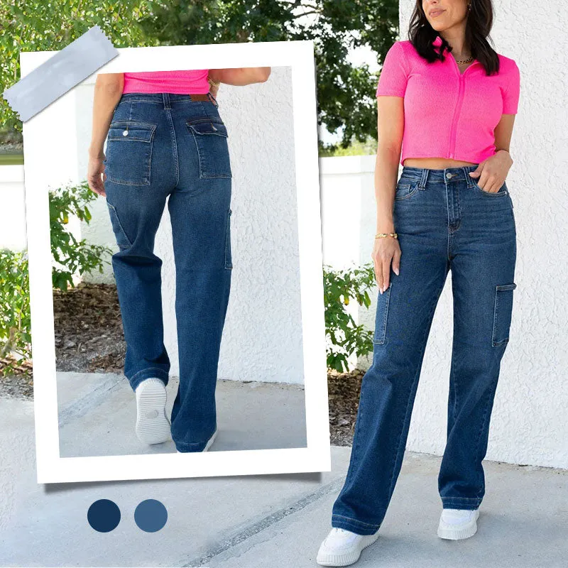 ID:2925 - Jeansy cargo z wysokim stanem i szerokimi nogawkami ze stretchem dla kobiet