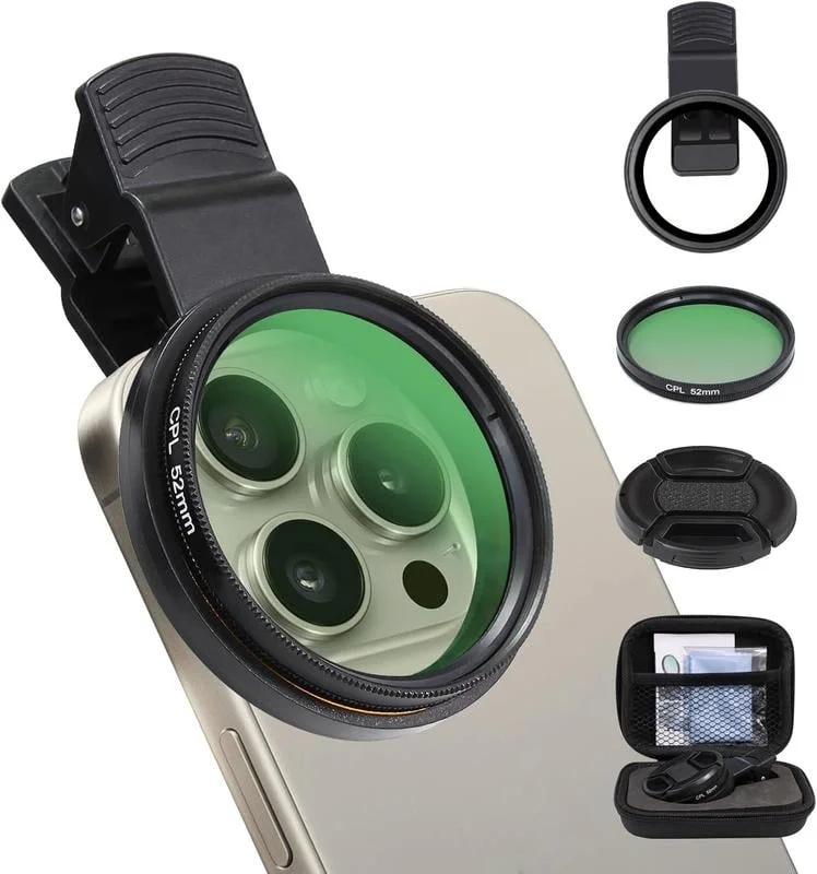 Zestaw filtrów obiektywu aparatu CPL 52 mm Clip-0n do aparatów telefonicznych, polaryzator kołowy, filtr polaryzacyjny kompatybilny z większością telefonów komórkowych