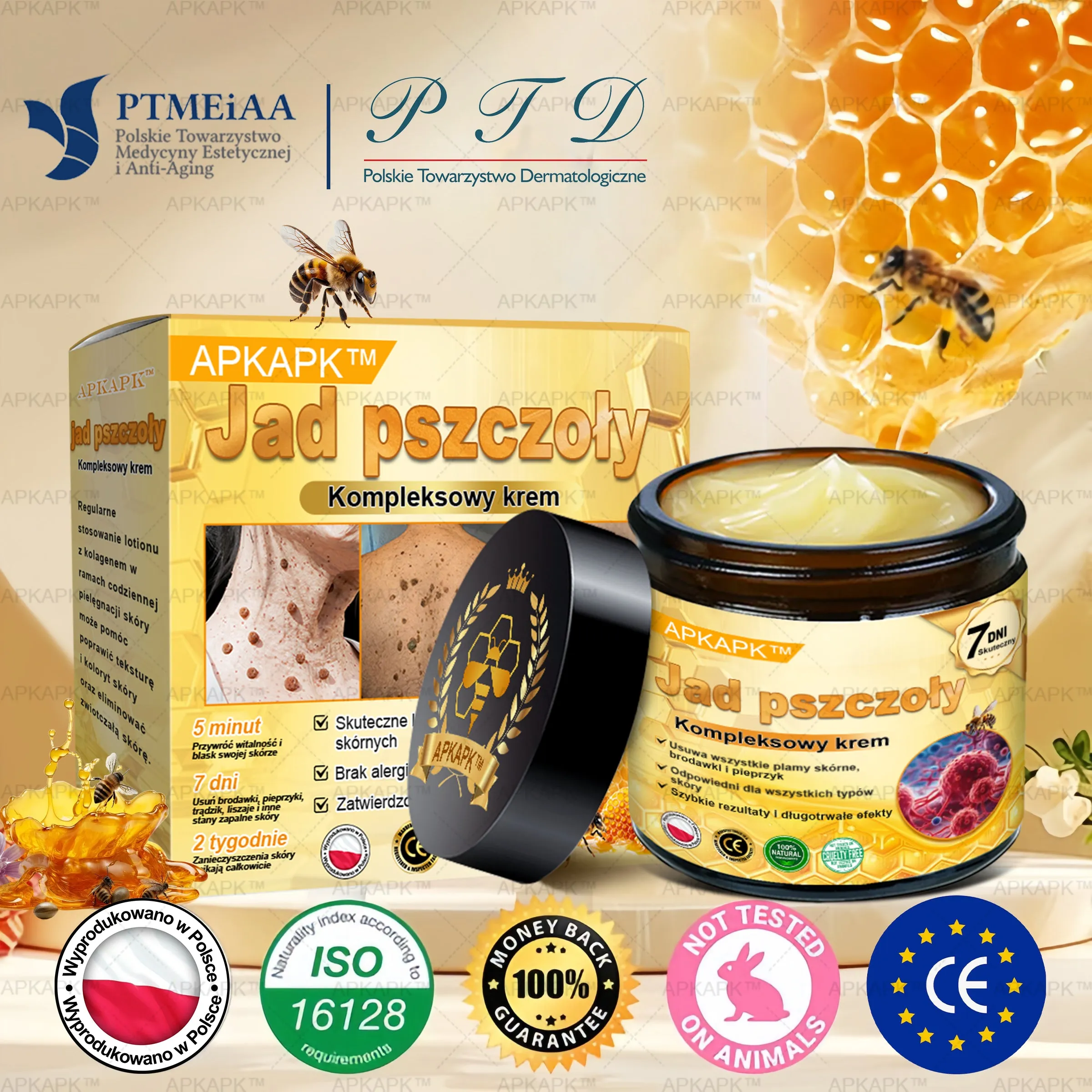 APKAPK™Jad Pszczoły Kompleksowy Krem pomaga w leczeniu problemów skórnych, takich jak: zmarszczki, blizny, plamy pigmentacyjne, rozstępy, trądzik, łuszczyca, egzema, zmiany skórne, podrażnienia, stany zapalne i inne problemy skórne