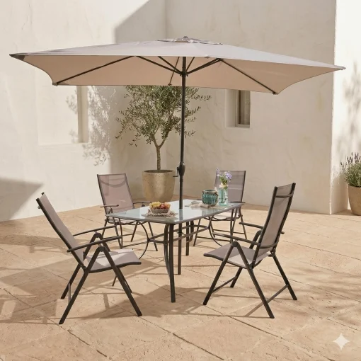 Conjunto de Jardín de Acero Mesa + 4 Sillones + 1 Parasol, Málaga