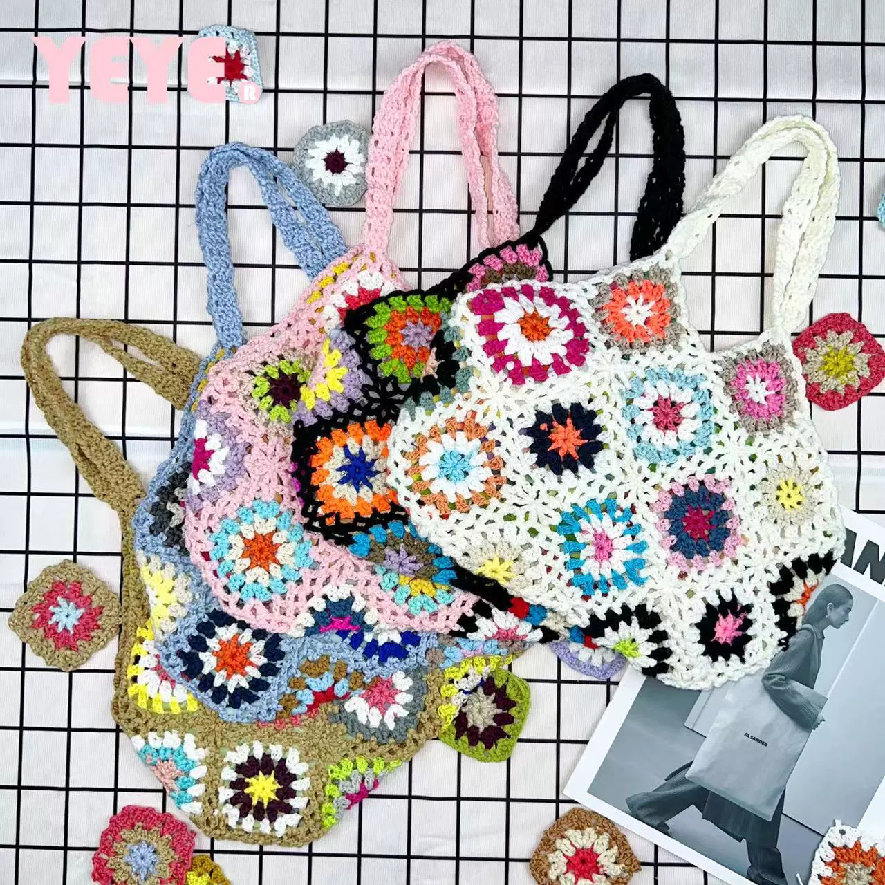 ID:21615 - Ethnic style mixed color flower block pattern heavy industry shoulder bag