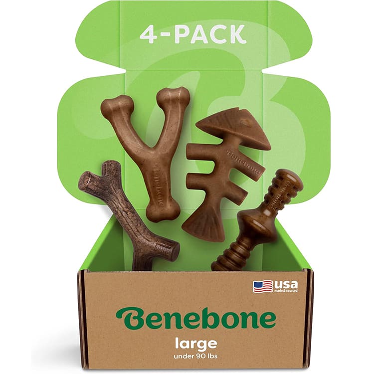 Benebone Large 4-Pack Dog Chew Toys for Aggressive Chewers, Made in USA, 90lbs and Under