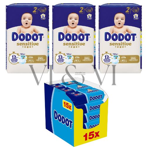 Dodot Sensitive Talla 2 (4-8 kg) Caja 174 Pañales + Dodot Toallitas Azules 15×64 Uds