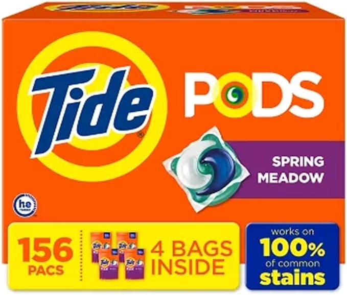 TIDE PODS Laundry Detergent Soap Capsules, Spring Meadow Scent, Powerful 3-in-1 Cleaning, Compatible with HE, 156 Count (4 Bags)