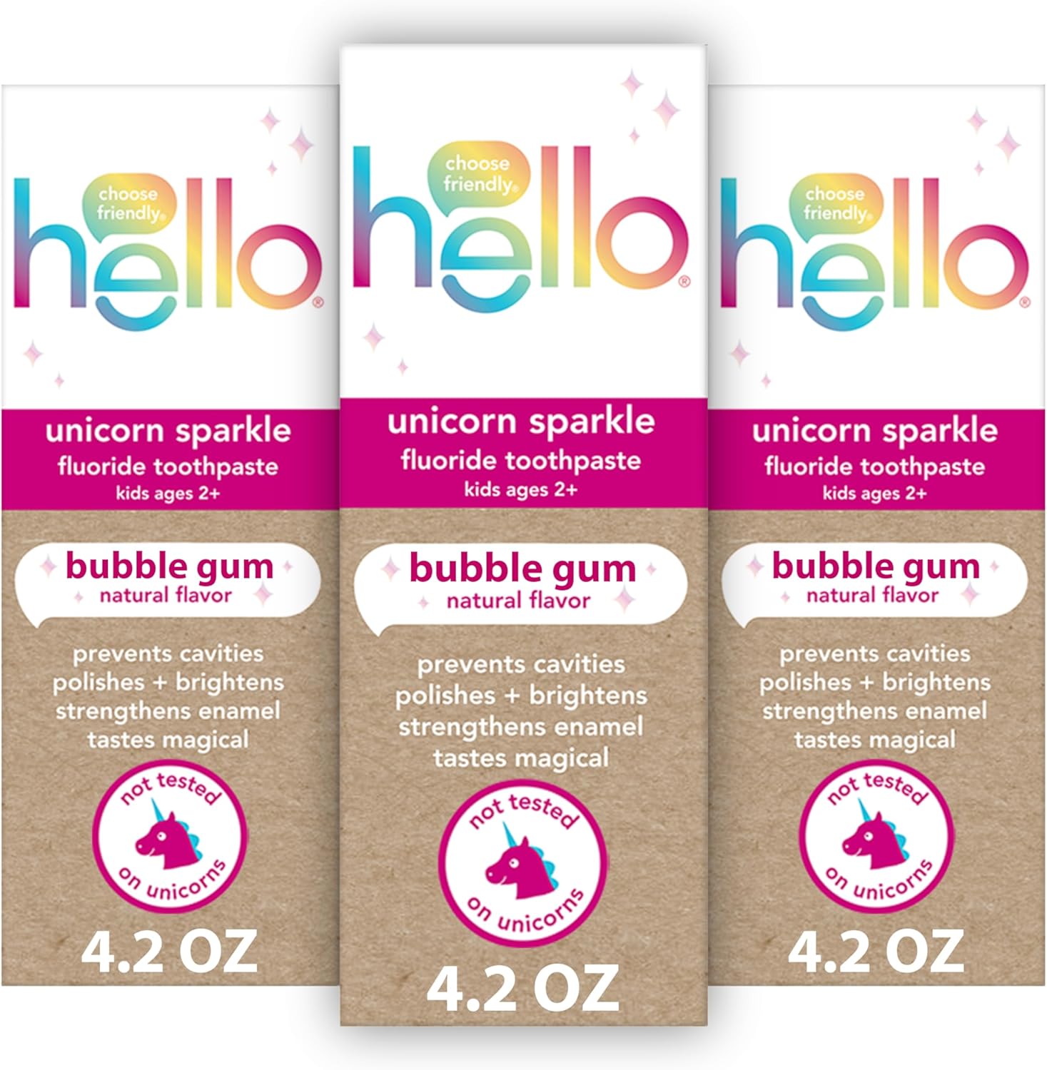 Hello Unicorn Sparkle Kids Fluoride Toothpaste, Bubble Gum Toothpaste, 4.2 oz Tube (3-pack)