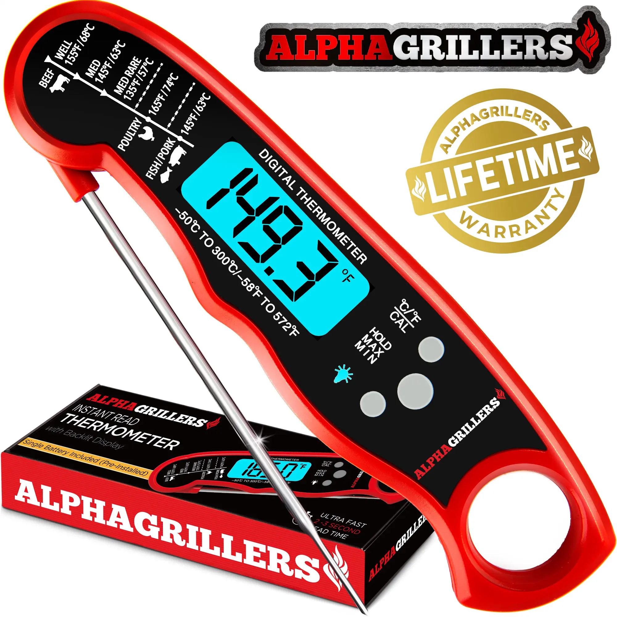 Alpha Grillers Instant Digital Meat Thermometer - Foldable Stainless Steel, Waterproof, Lifetime Warranty, Perfect for BBQ, Baking, Air Fryer, Kitchen Utensils