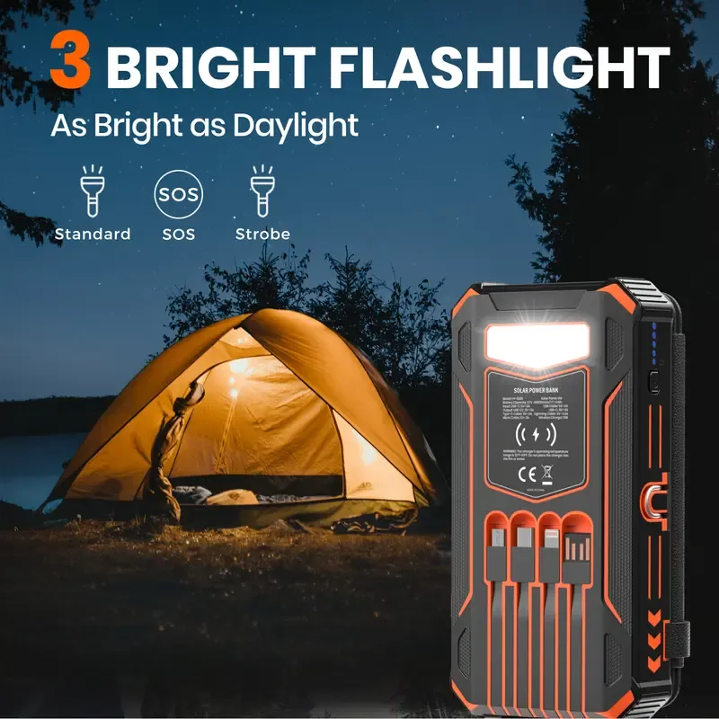 ✨49% OFF🔥 High-Capacity Solar Charger Power Bank, 6W Fast Charging, 4 Built-in Cables & 7 Outputs