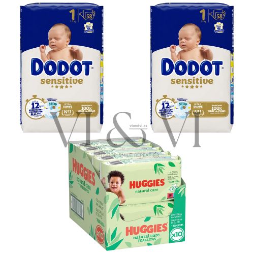 Dodot Sensitive Talla 1 (2-5 kg) Caja 116 Pañales + Huggies Natural Care Toallitas 10×56 Uds