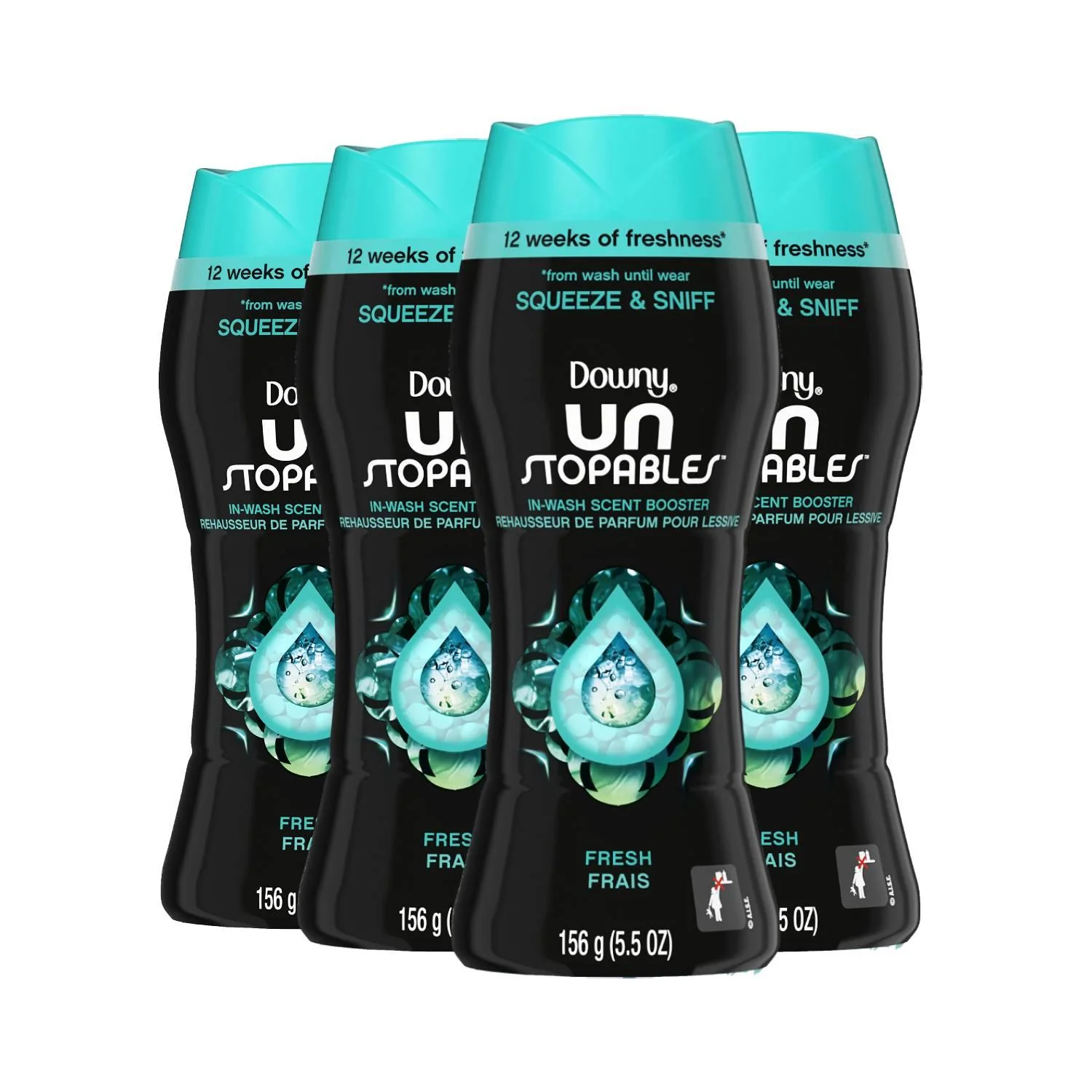 Downy Unstopables In-Wash Scent Booster Beads – Fresh Scent 5 oz & Lush 5 oz, plus Light Laundry Ocean Mist 13.4 oz, all in 4-pack sets.