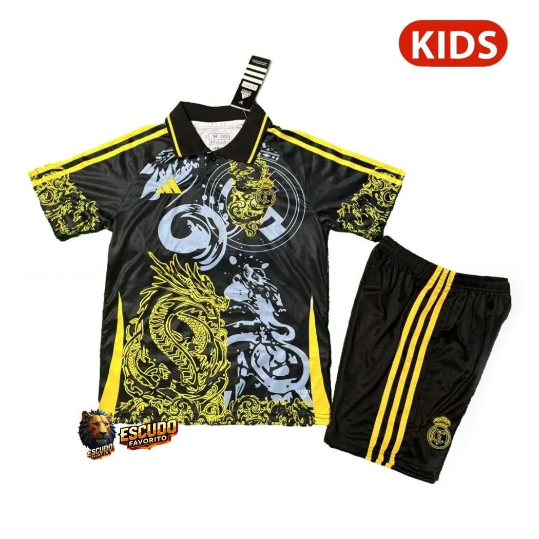 REAL MADRID DRAGÓN II NEGRA Y AMARILLA 25/26 EQUIPACIÓN PARA NIÑOS