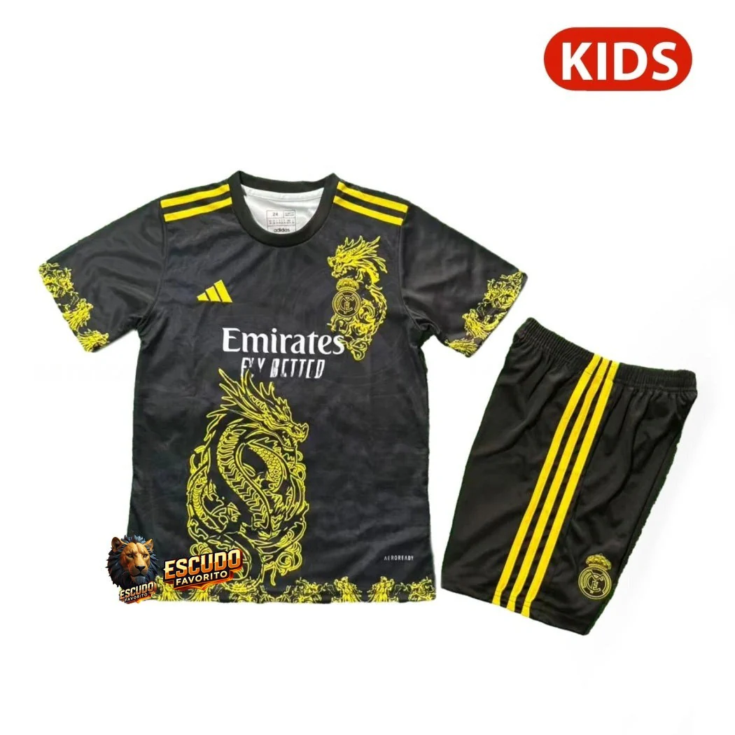 REAL MADRID DRAGÓN III NEGRA Y AMARILLA 25/26 EQUIPACIÓN PARA NIÑOS