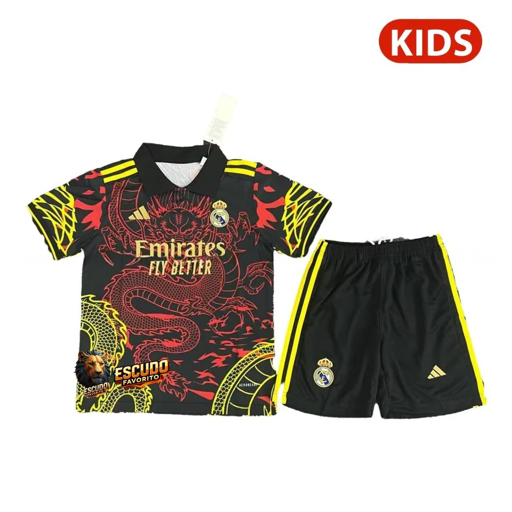 REAL MADRID DRAGÓN NEGRA Y ROJA 25/26 EQUIPACIÓN PARA NIÑOS