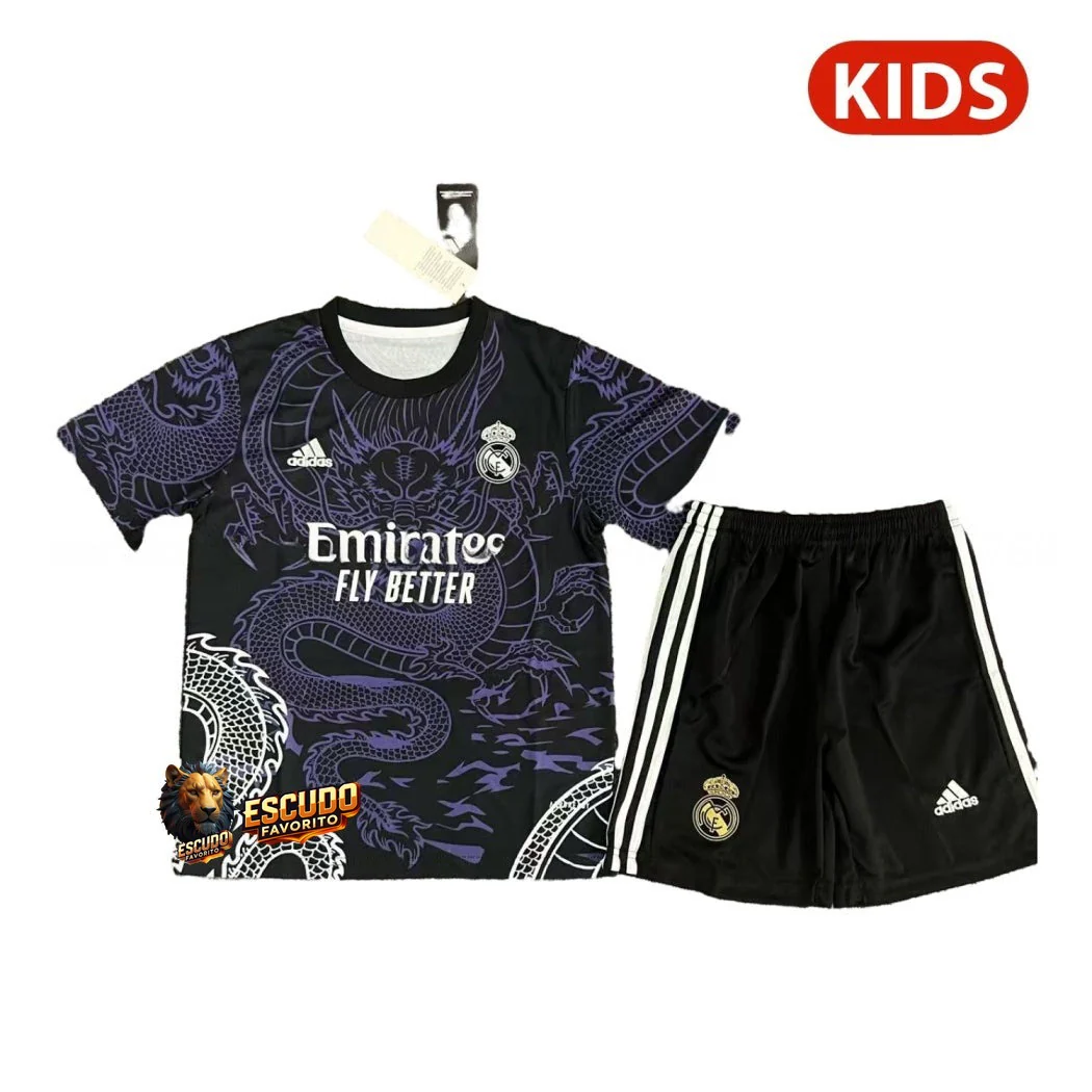 REAL MADRID DRAGÓN NEGRA Y MORADO 25/26 EQUIPACIÓN PARA NIÑOS