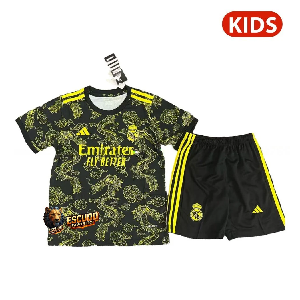 REAL MADRID DRAGÓN NEGRA Y AMARILLA 25/26 EQUIPACIÓN PARA NIÑOS