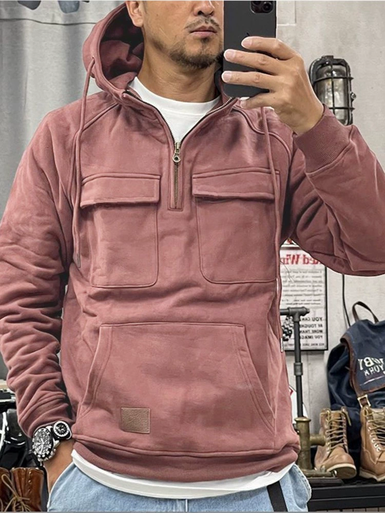 ID:17424 - Multi-pocket leather sweatshirt jacket
