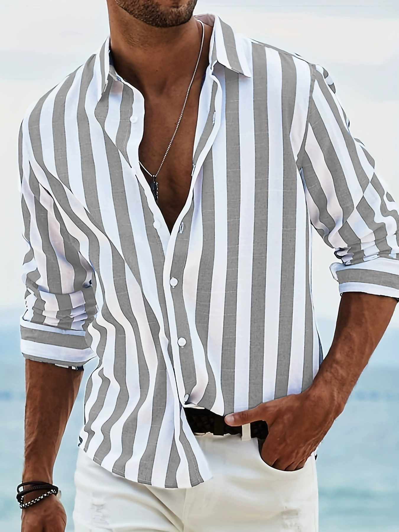 ID:17434 - New men's yarn-dyed striped cotton and linen casual loose long-sleeved shirt