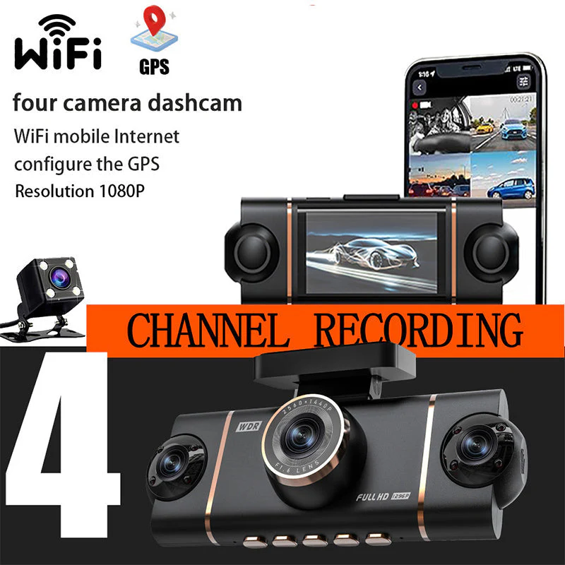 🚗 📹4 csatornás HD autós kamera első, belső és hátsó rögzítéssel