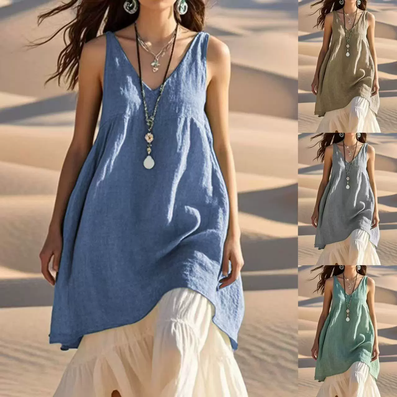 ID:21648 - Sleeveless cotton and linen solid color V-neck beach dress